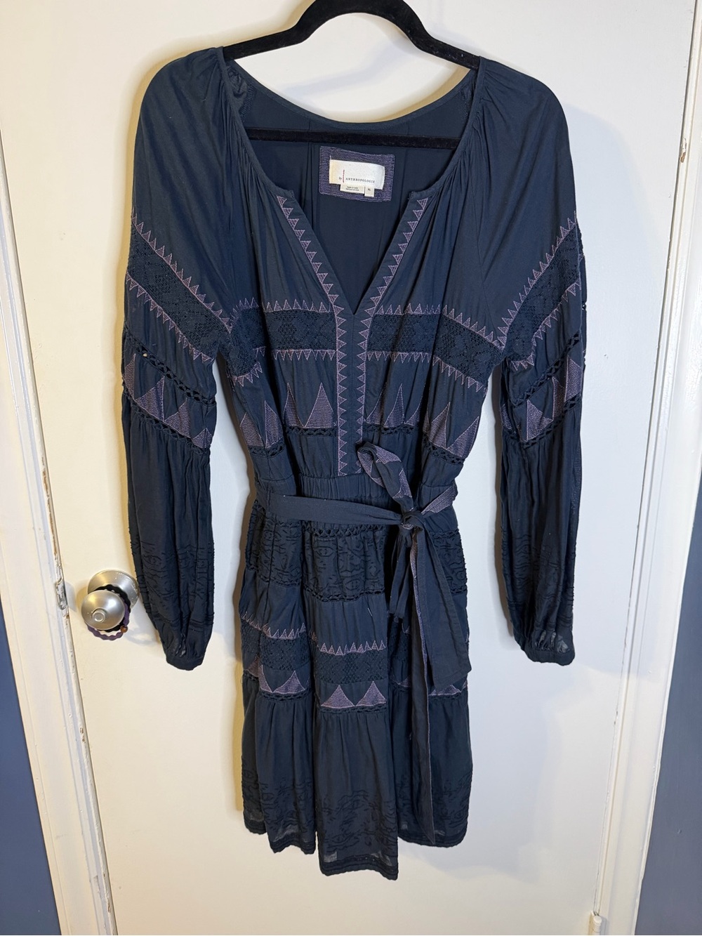 Anthropologie Navy Dress with Mauve Embroidery and Tie Waist XL